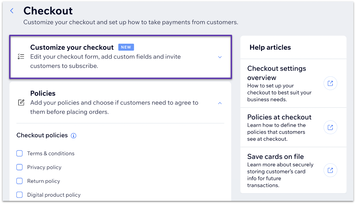 Wix Checkout settings page