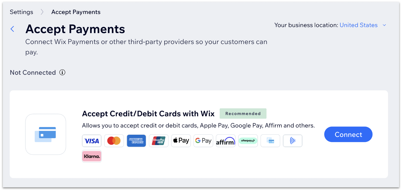 Wix Accept Payments settings page