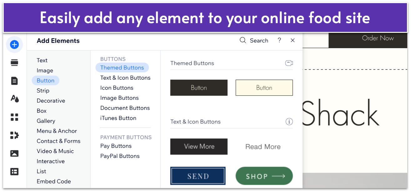 Wix Add Elements menu