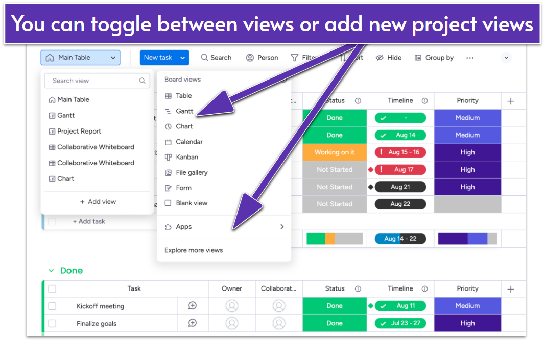 monday.com view options