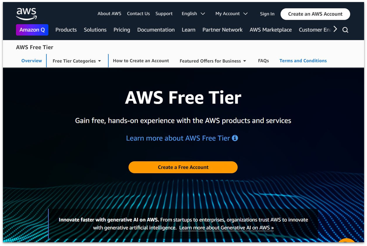 AWS free tier landing page