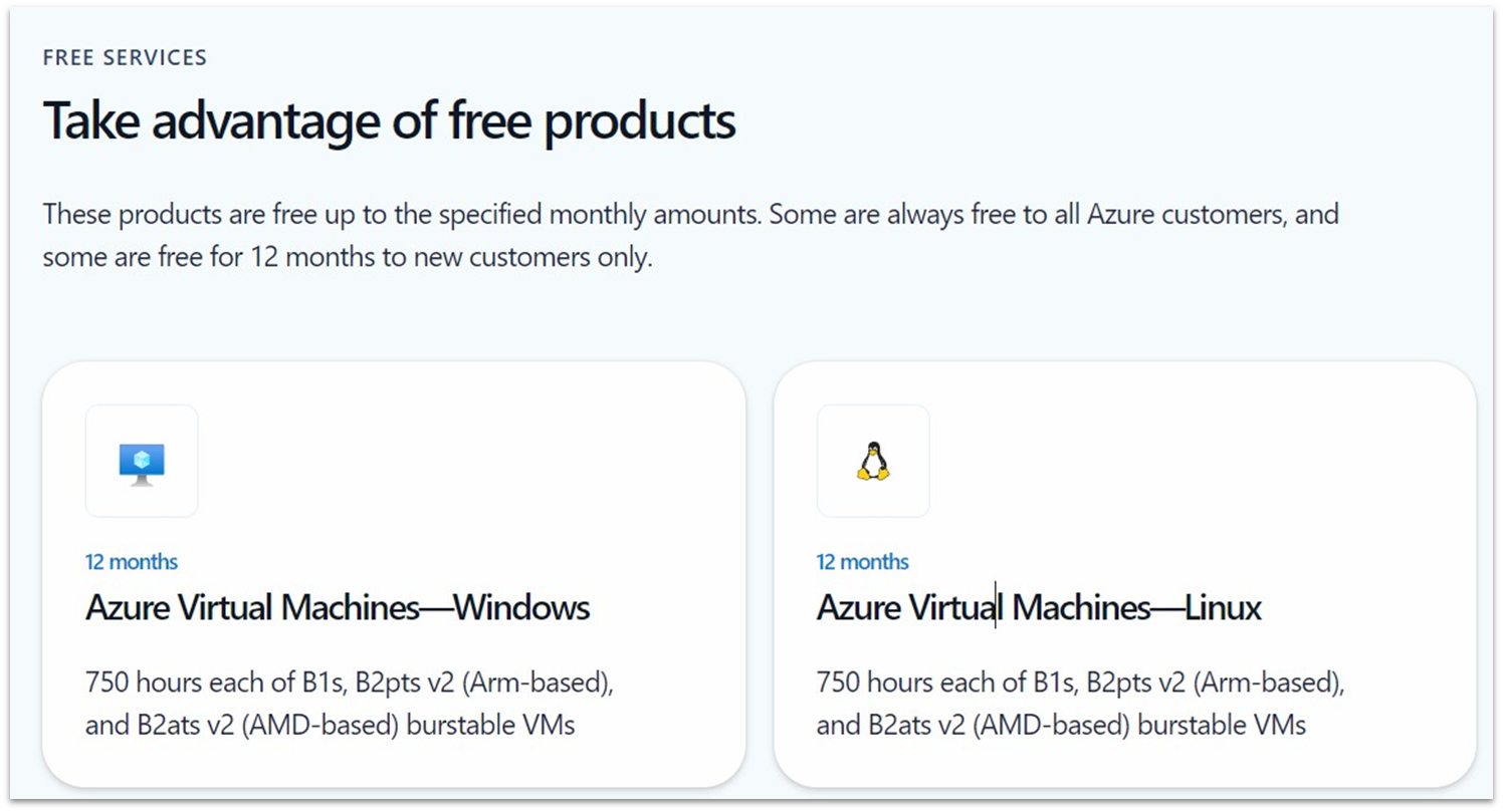 Microsoft Azure Virtual Machine free 12 month trial details on website