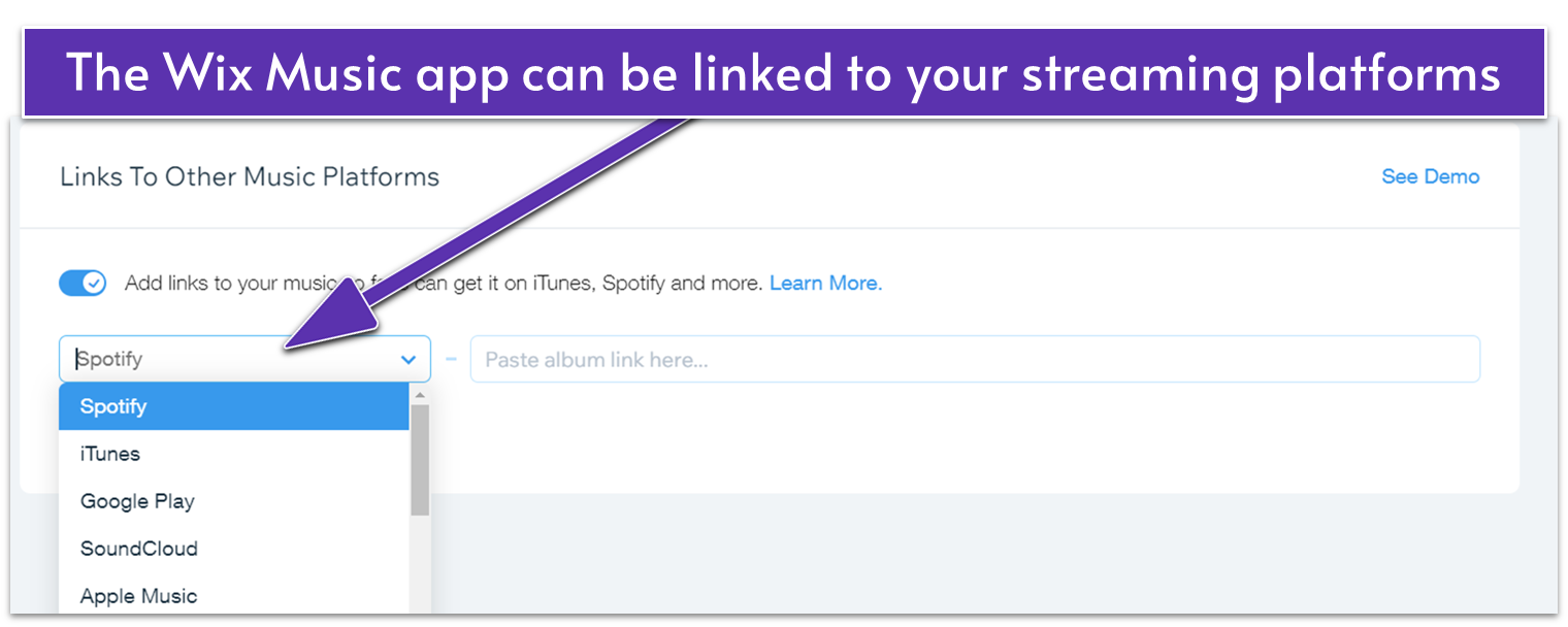 Linking to other music platforms in the Wix Music app