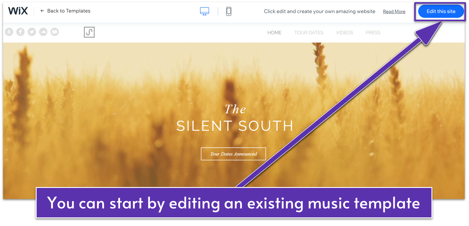 A Wix template selection page with arrows pointing to the "Edit this site" button.