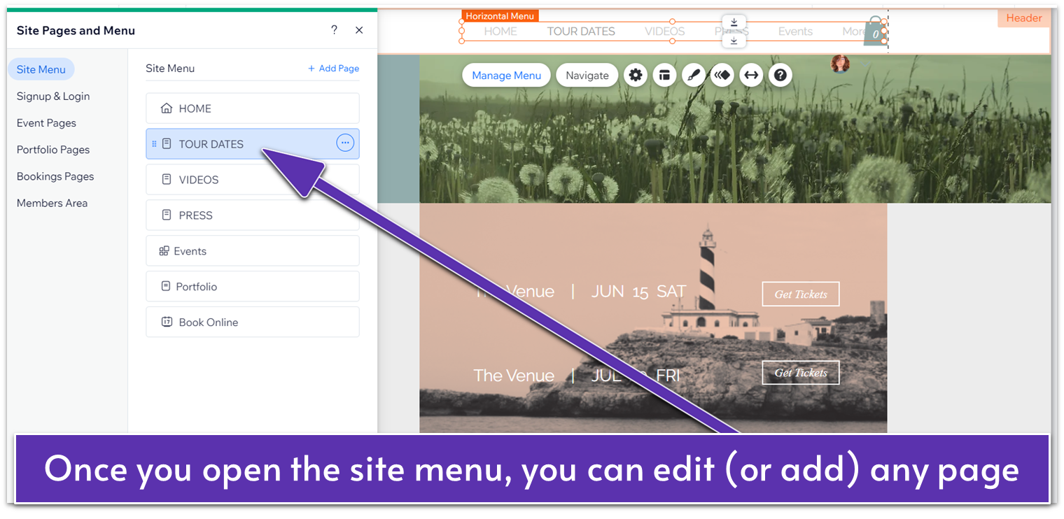 Screenshot of the "Tour dates" page in the Wix editor, with the site menu showing