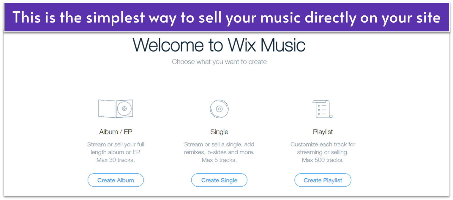 Screenshot of the Wix Music page.