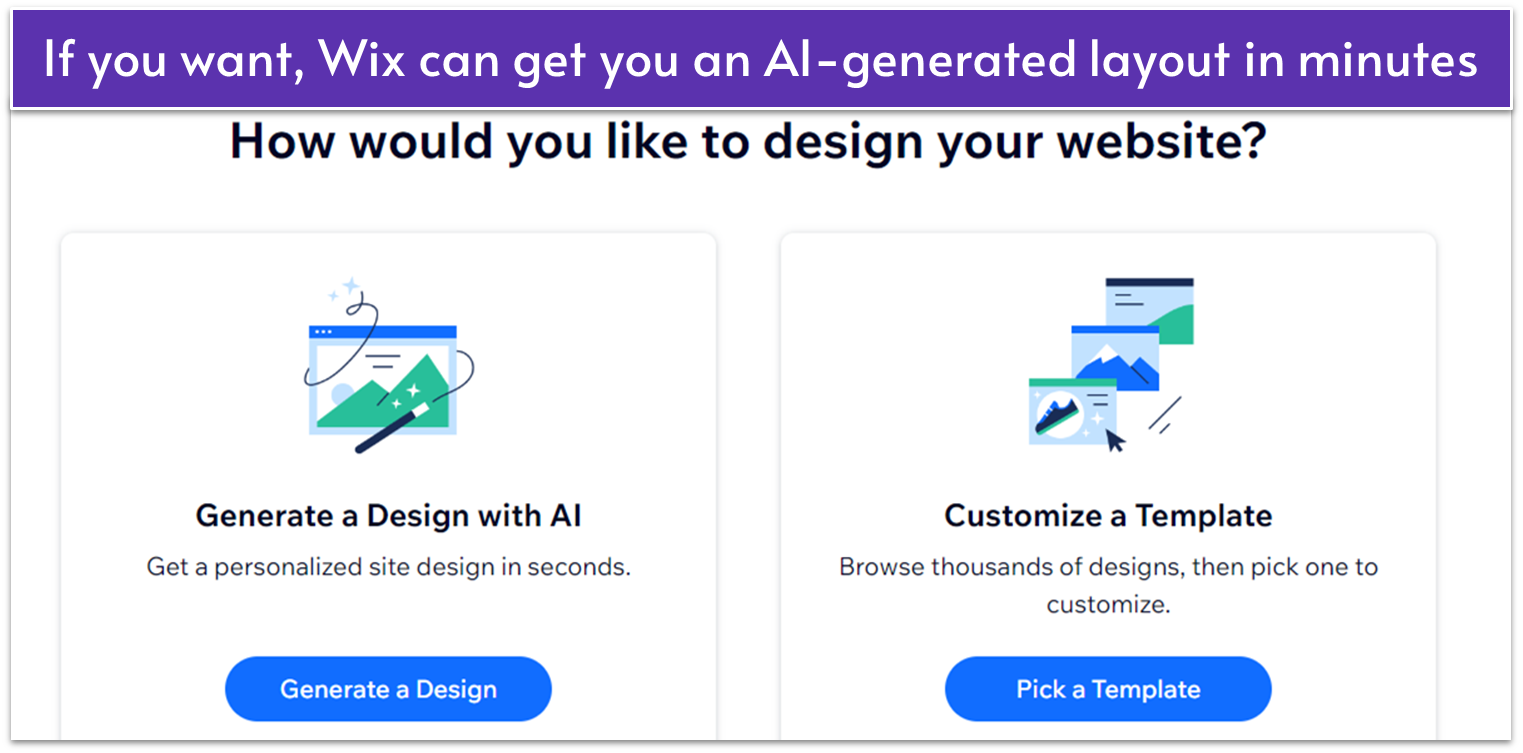 A menu for selecting Wix's AI design generation tool, or the customization of ready-made templates