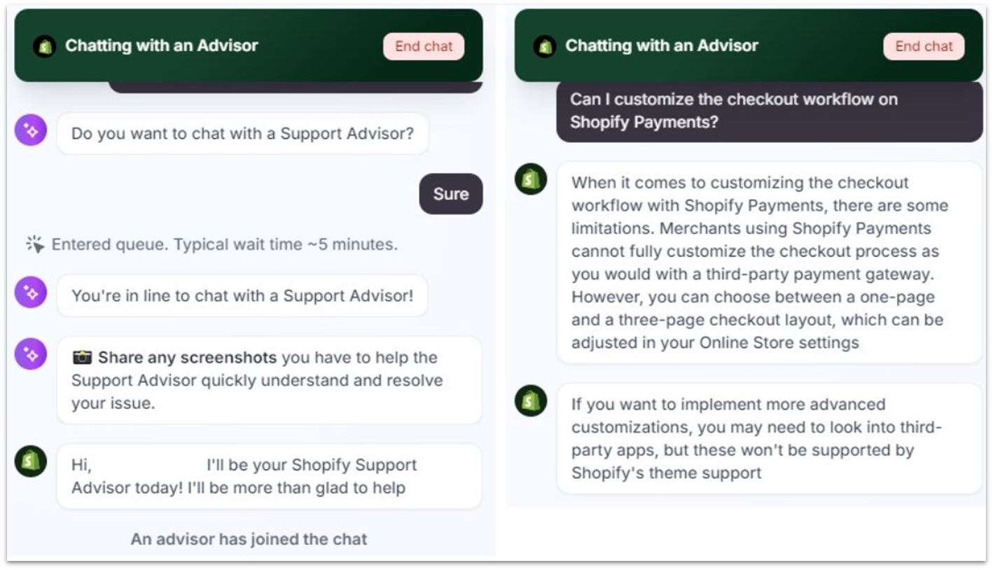 Shopify's live chat support