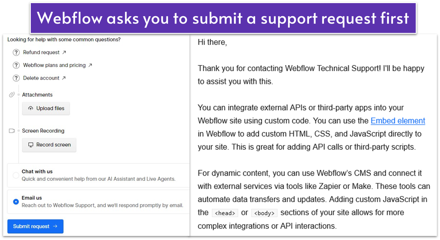 Webflow email support