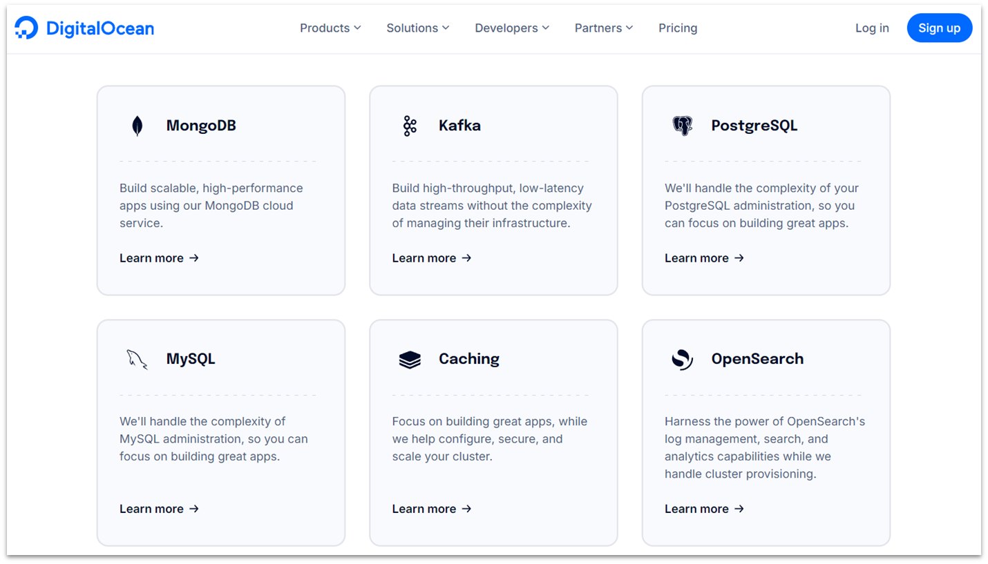 DigitalOcean supported databases for Managed Database service, including MongoDB, Kafka, PostgreSQL, MySQL, Redis, and OpenSearch databases