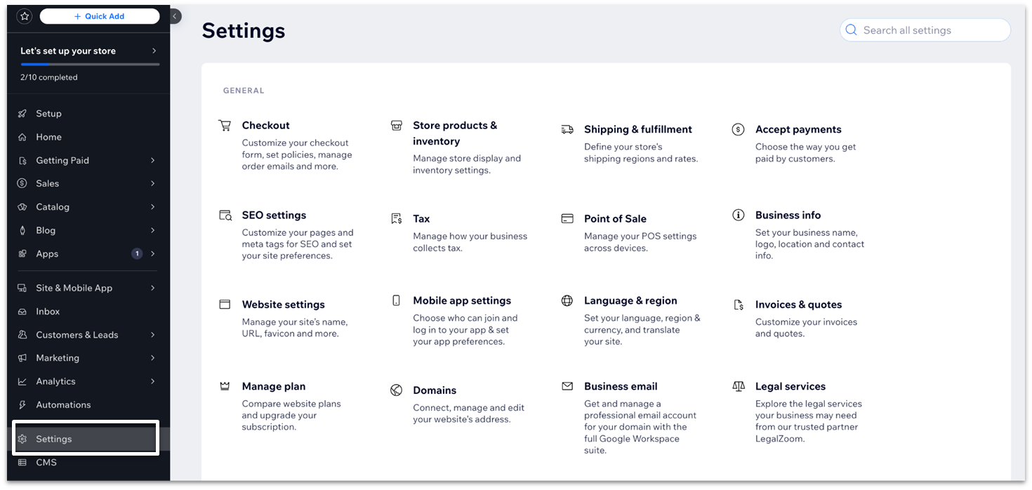 Wix's general settings