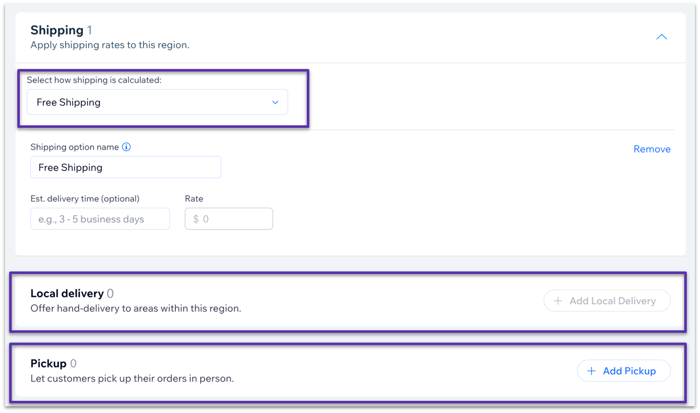 Wix's shipping and delivery settings