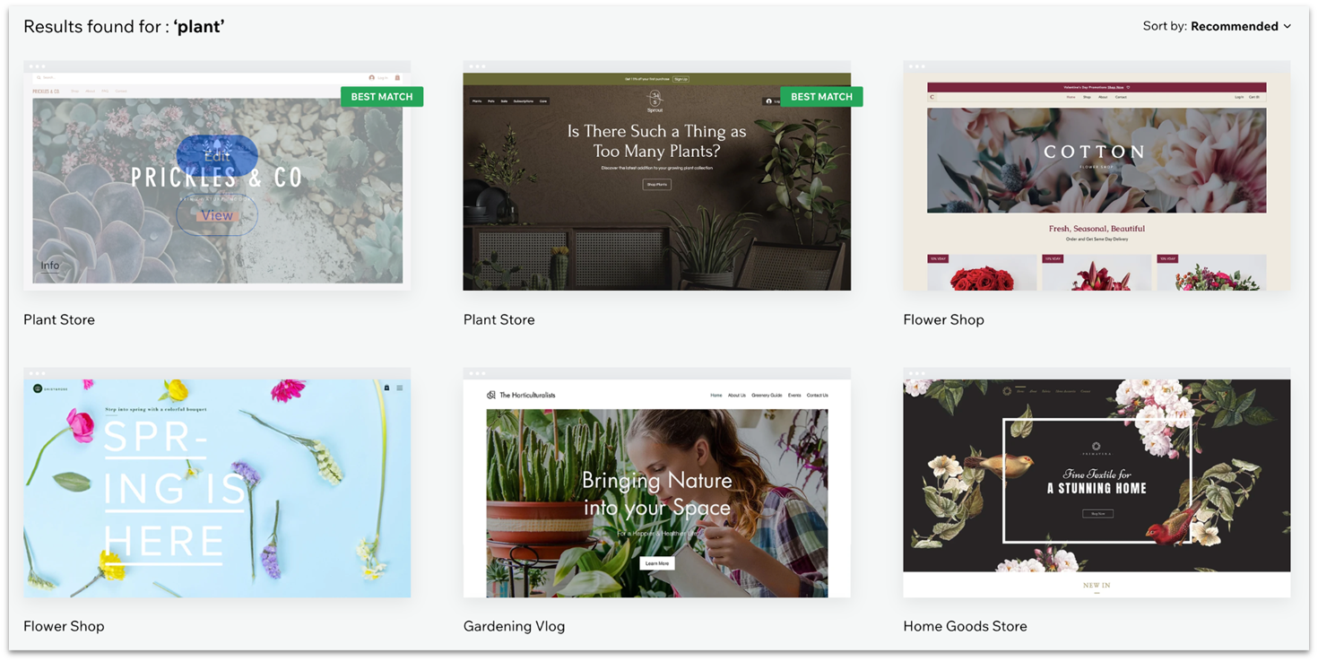 Wix's plant-related website templates