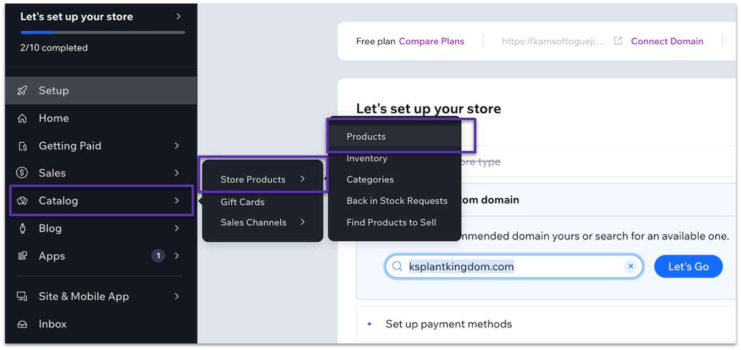 Wix's product settings