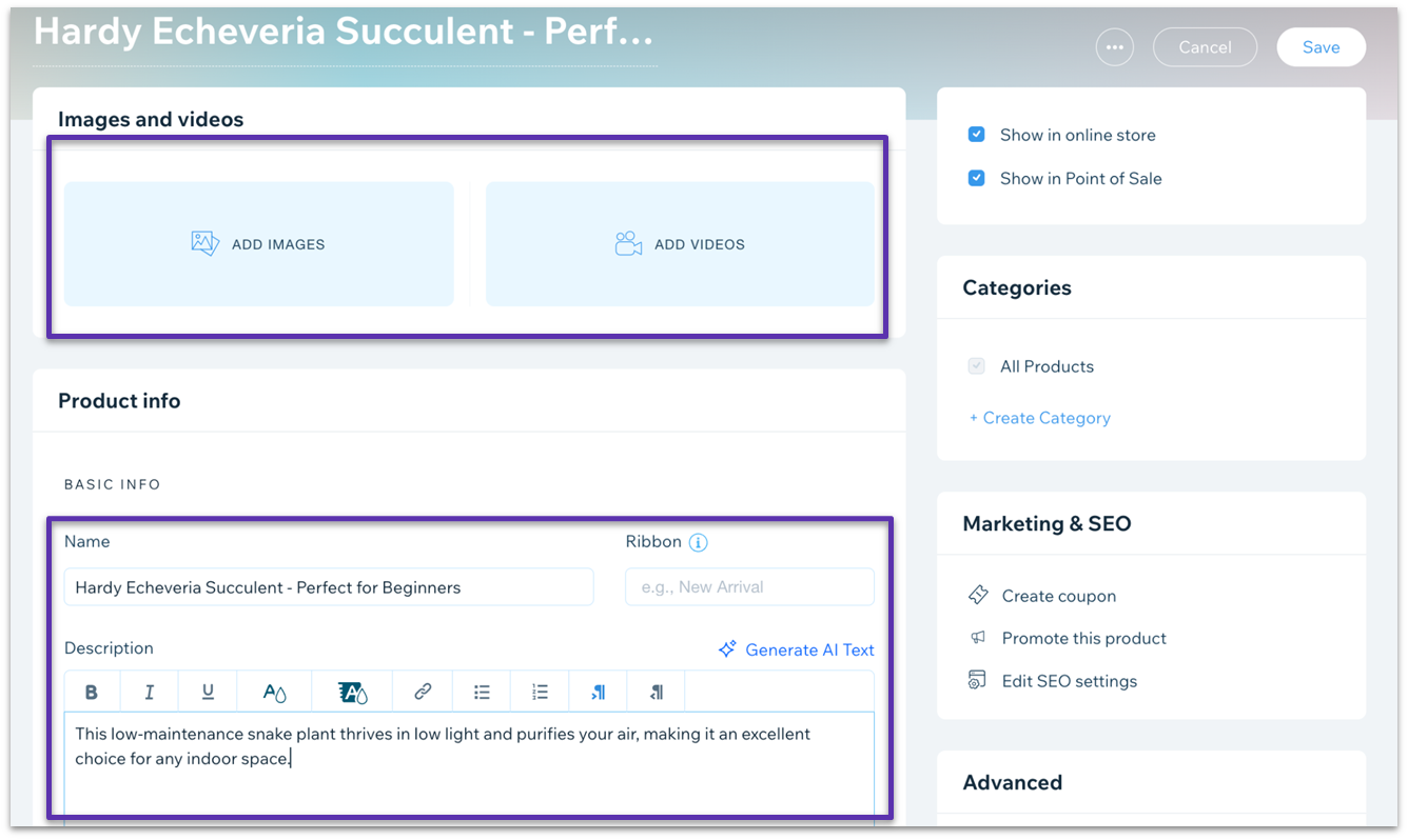 Wix's product management settings