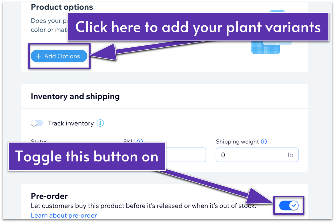 Wix's product variant settings