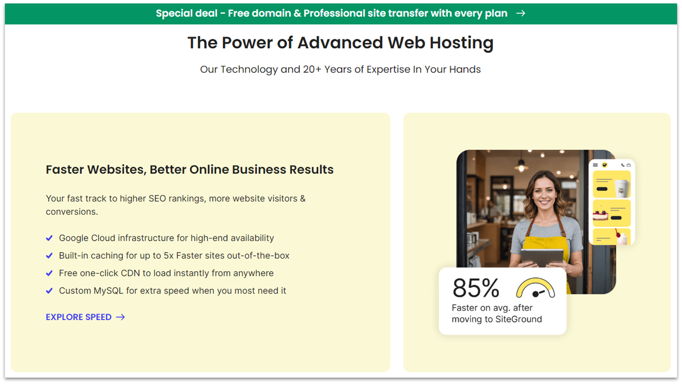 Screenshot of details of SiteGround's speed-optimized hosting