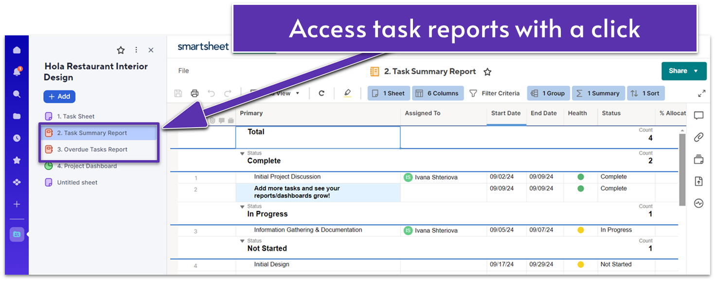 Smartsheet task summary report for architectural project