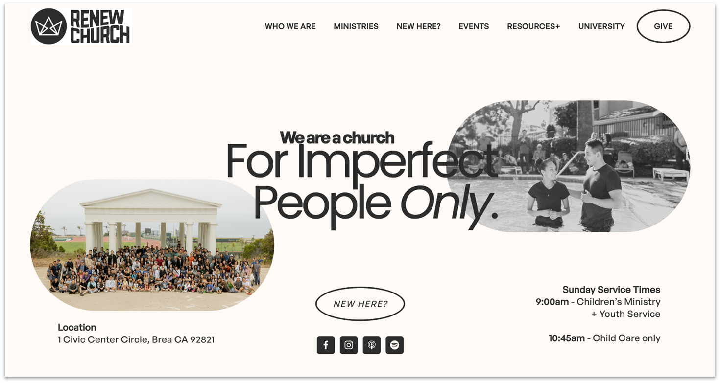 Renew Church homepage made with Squarespace