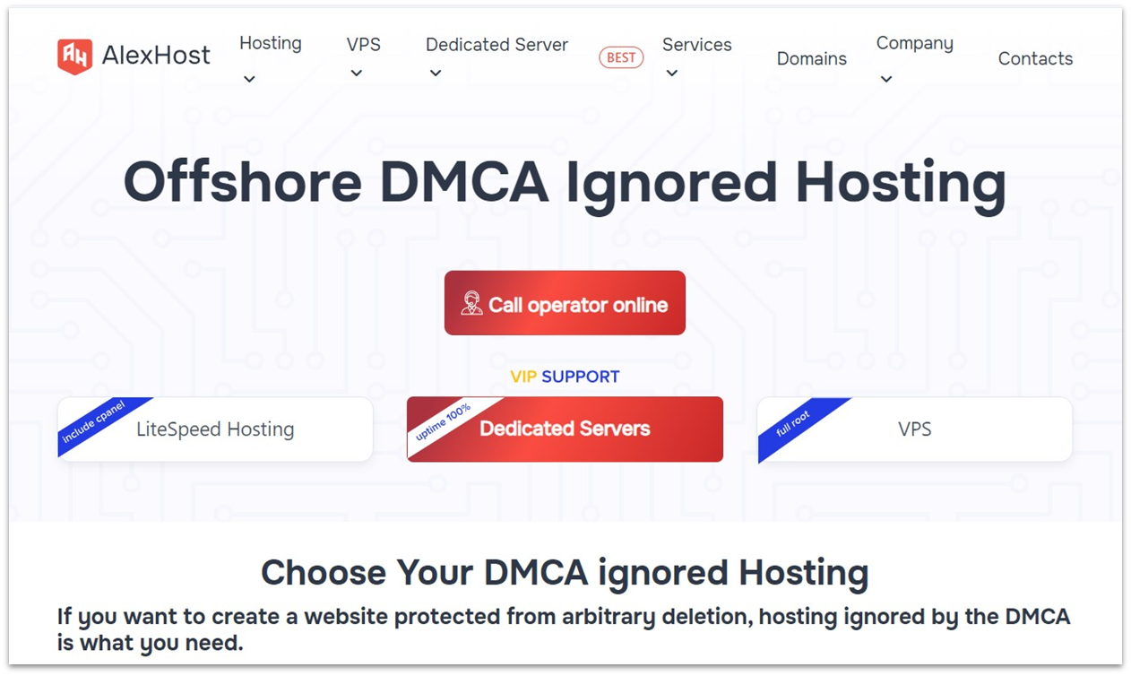 AlexHost landing page advertising DMCA-ignored hosting