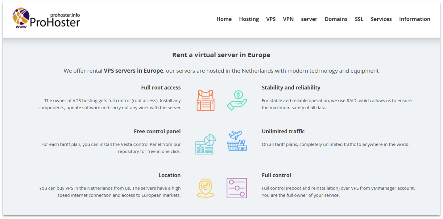 ProHoster VPS hosting features