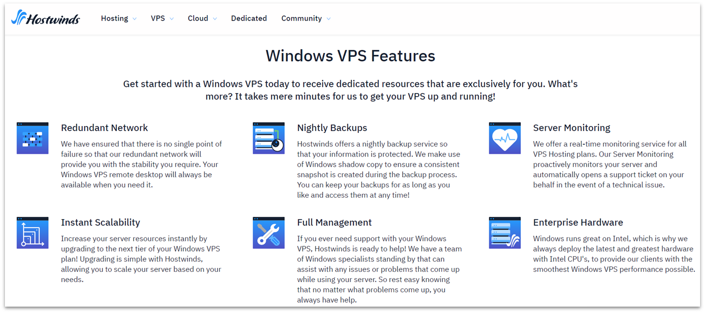 Prestaciones para VPS Windows de Hostwinds