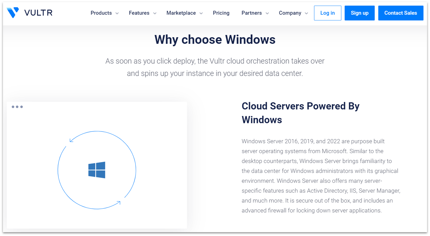 Tính năng hosting Windows cloud của Vultr