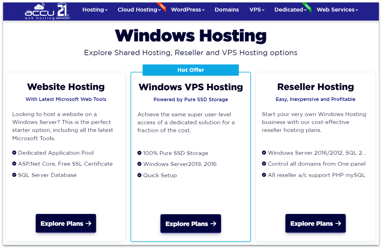 AccuWeb Hosting Windows hosting packages