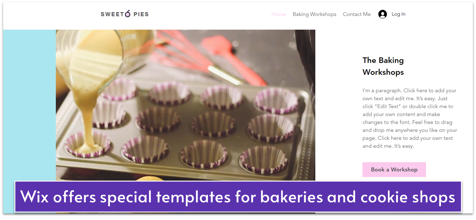 A Wix template for bakeries featuring a Baking Workshops section