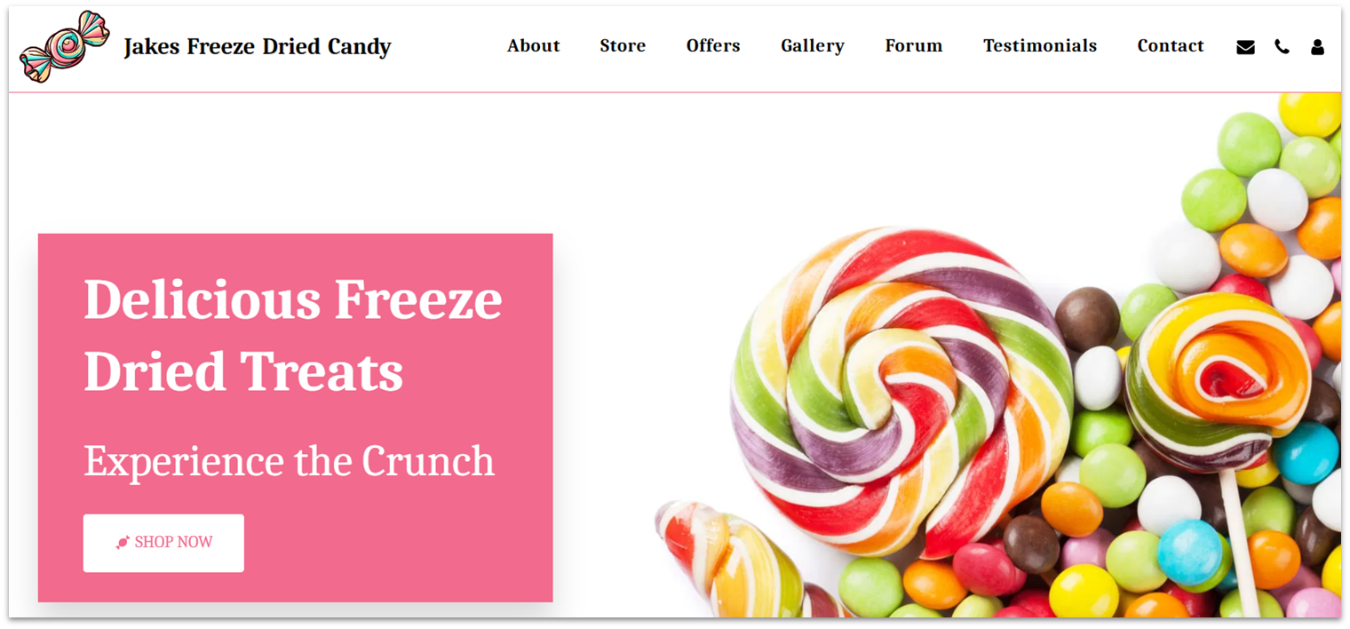 An example of a bakery website made with SITE123, called Jakes Freeze Dried Candy