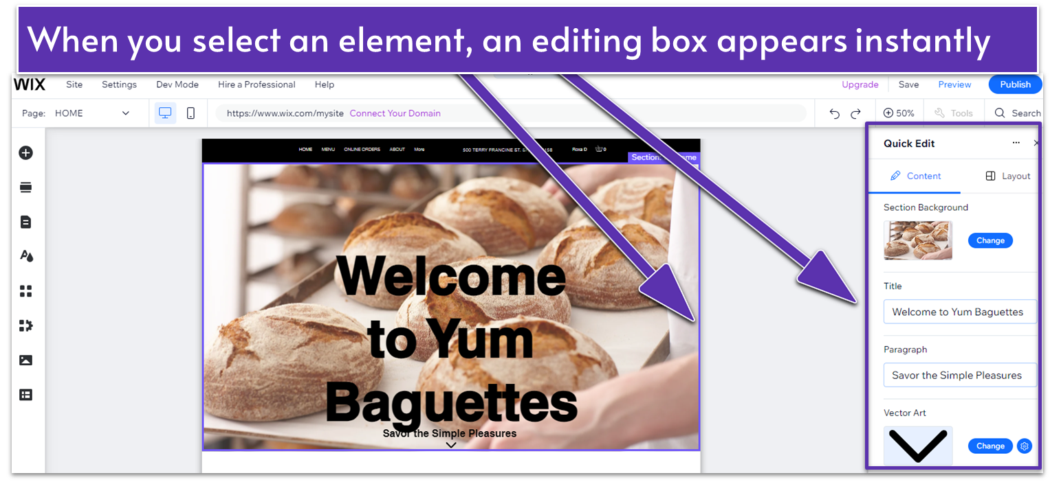 Wix editor with an image and text element selected for customization.