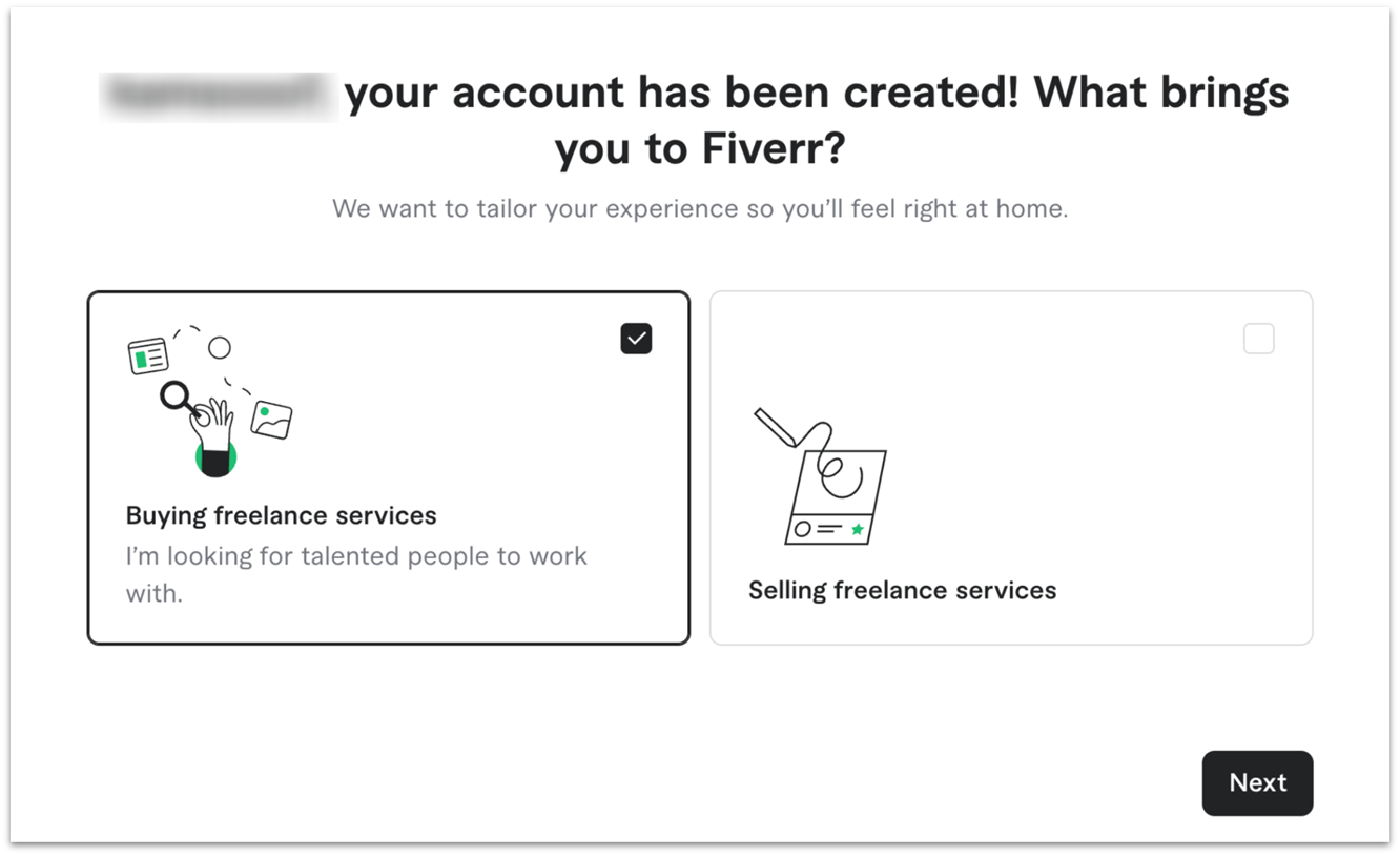 Fiverr's buyer setup process