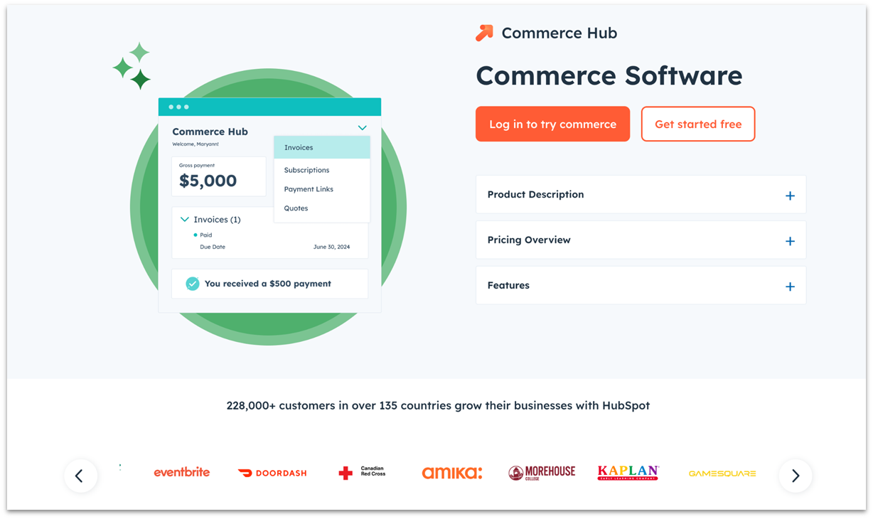 HubSpot Commerce Hub homepage