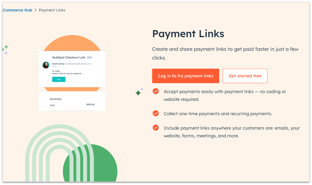 HubSpot Commerce Hub payment links page