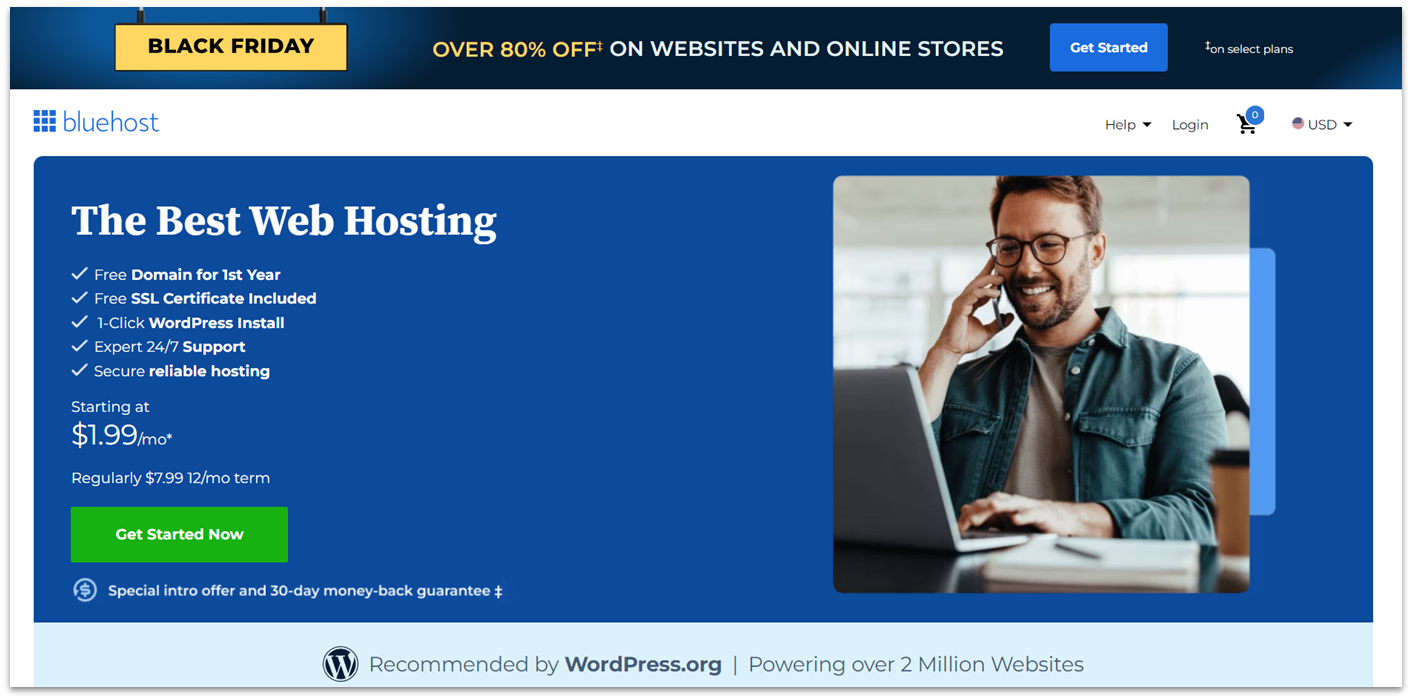 Screenshot of Bluehost's best web hosting offer