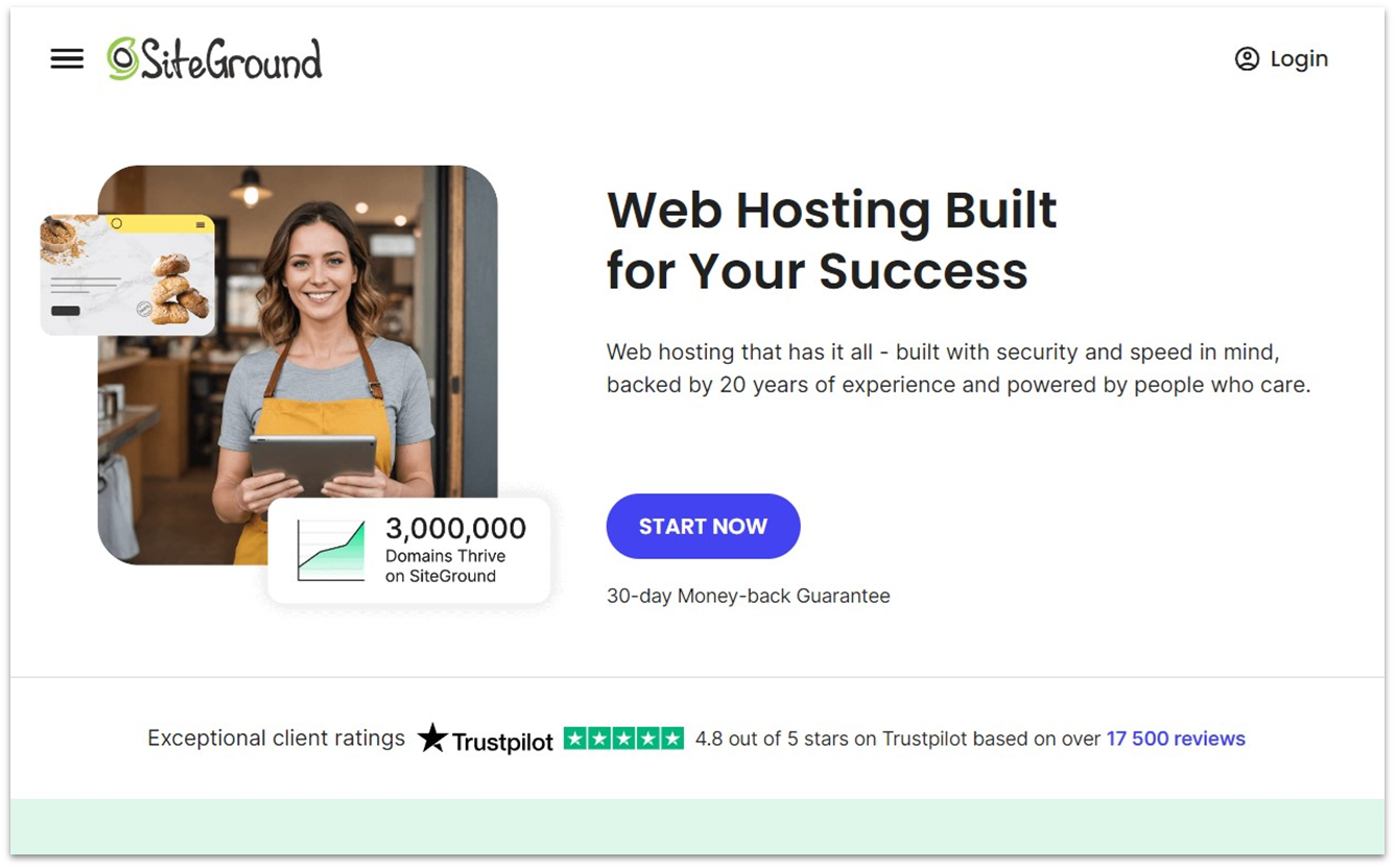 SiteGround's shared web hosting landing page with a photo of a woman wearing an apron and holding a notebook or ledger in a cafe or shop and SiteGround's Trustpilot rating featured below.