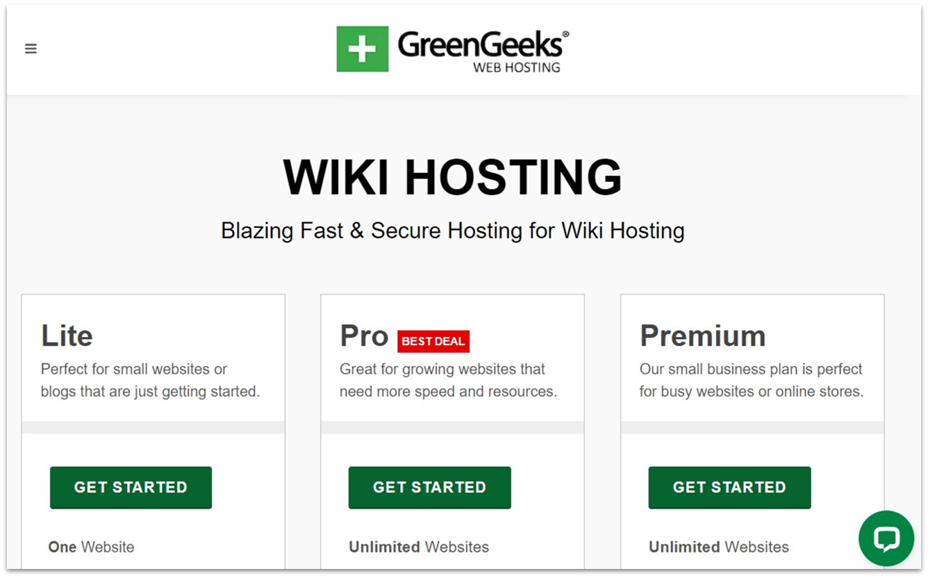 GreenGeeks' wiki hosting landing page featuring its three shared hosting plans: Lite, Pro, and Premium, which are all suitable for hosting wikis.