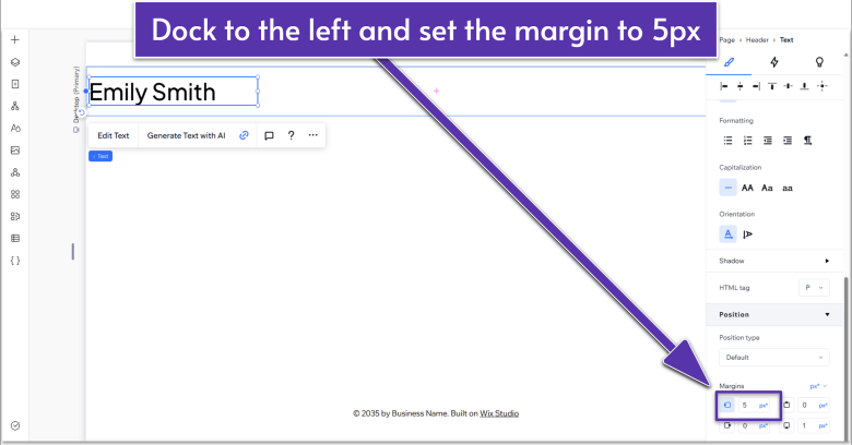 Wix Guide Portfolio Site Module 2, docking the logo to the left