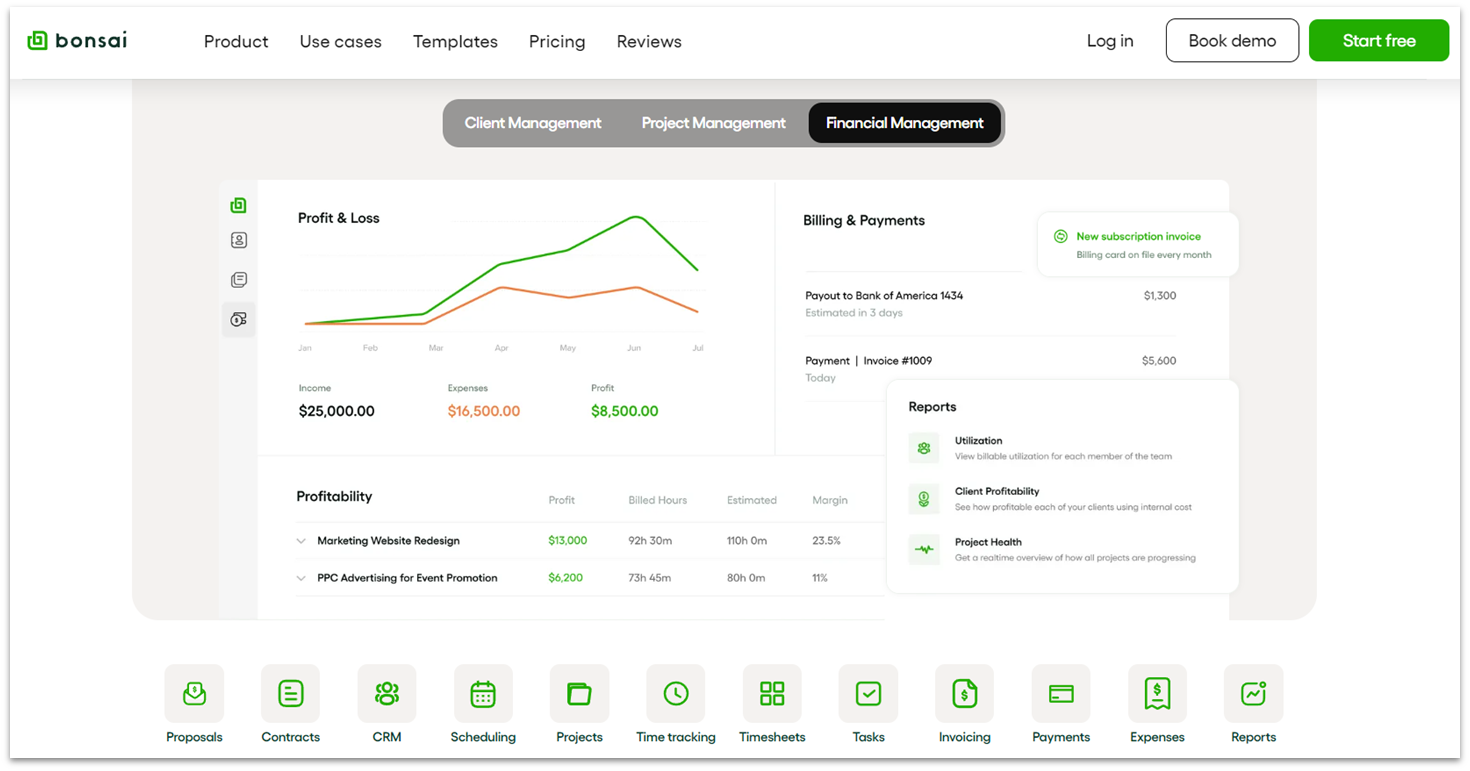 Bonsai financial management dashboard