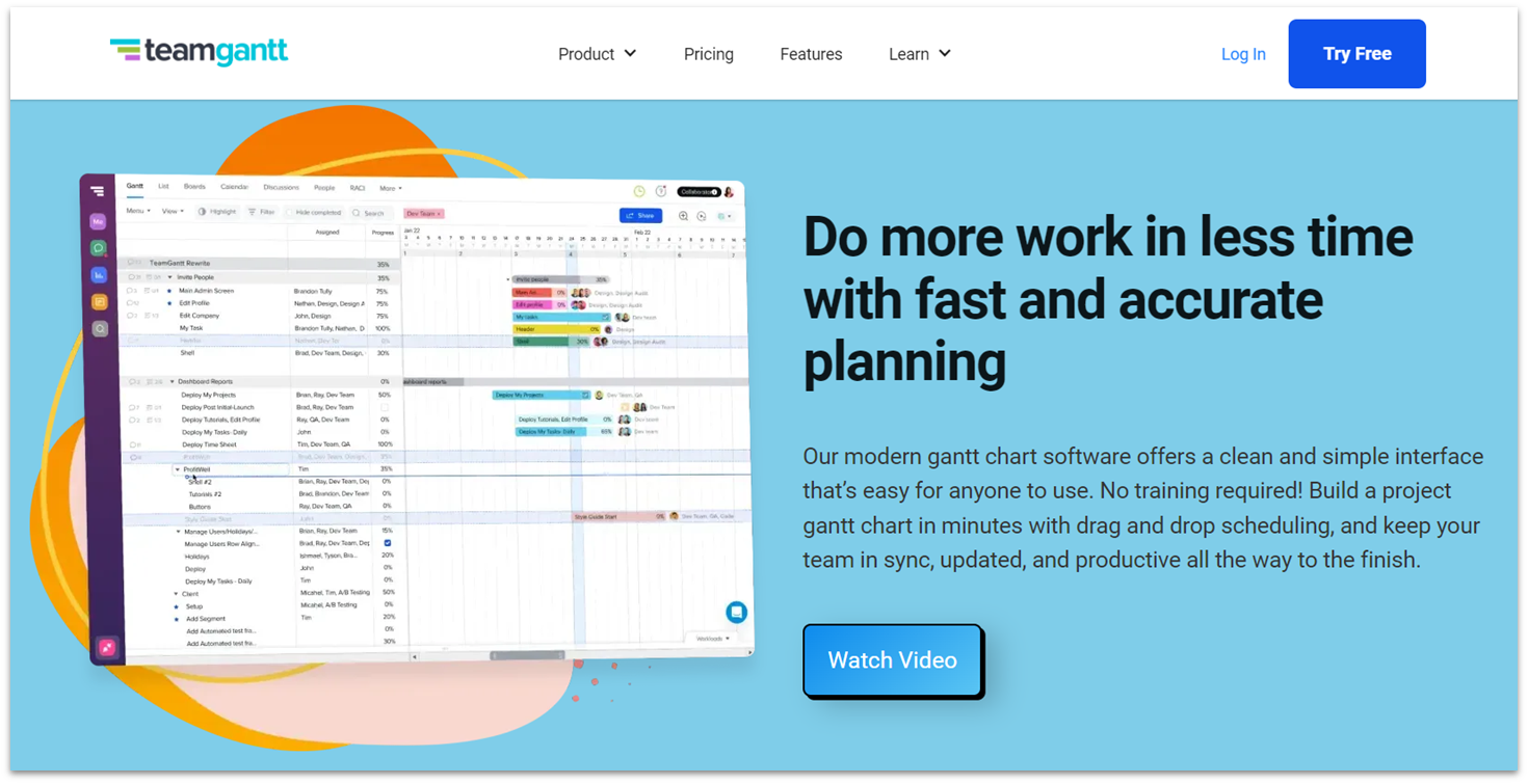 TeamGantt gantt chart software features