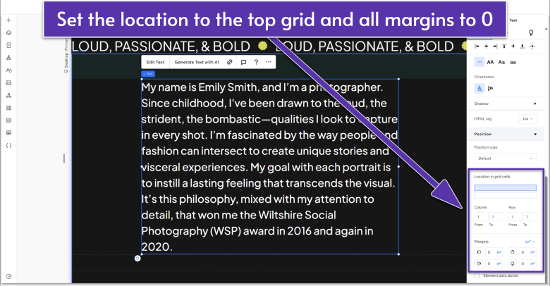 Wix Guide Portfolio Site Module 2, changing location in grid cells and margins