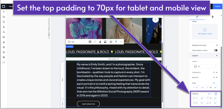 Wix Guide Portfolio Site Module 2, changing the padding for mobile views