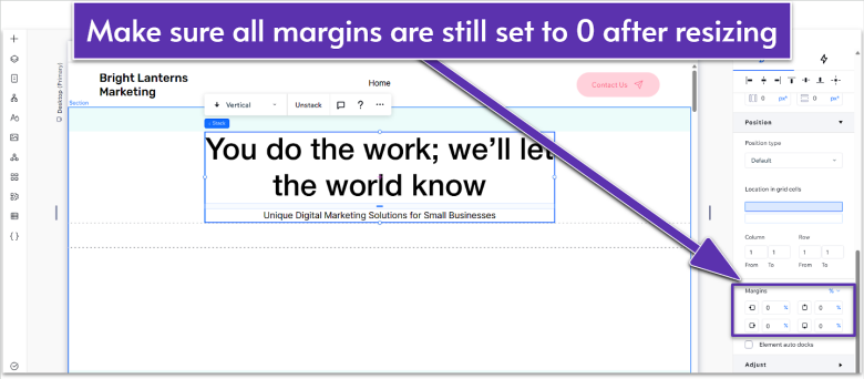 Wix Guide Agency Site Module 5, double checking hero text margins