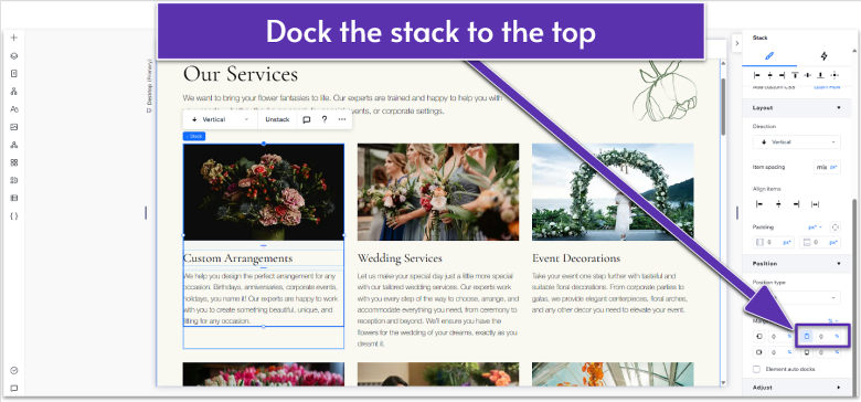 Wix Guide Local Business Site Module 5, docking text stack to top