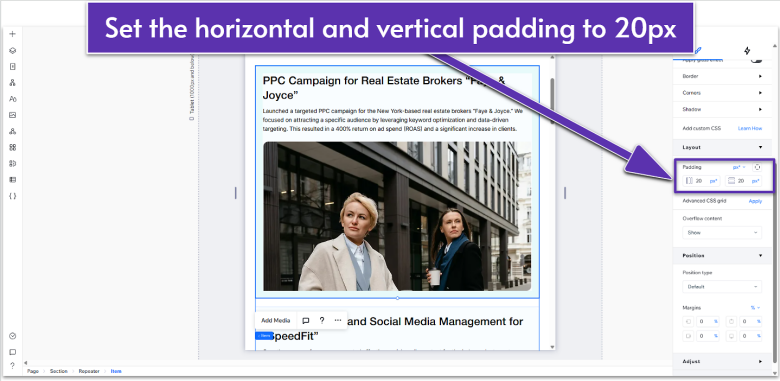 Wix Guide Agency Site Module 6, changing the repeater's item padding on tablet view