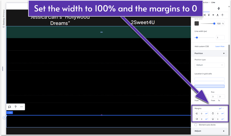 Wix Guide Portfolio Site Module 2, changing the line's width and margin