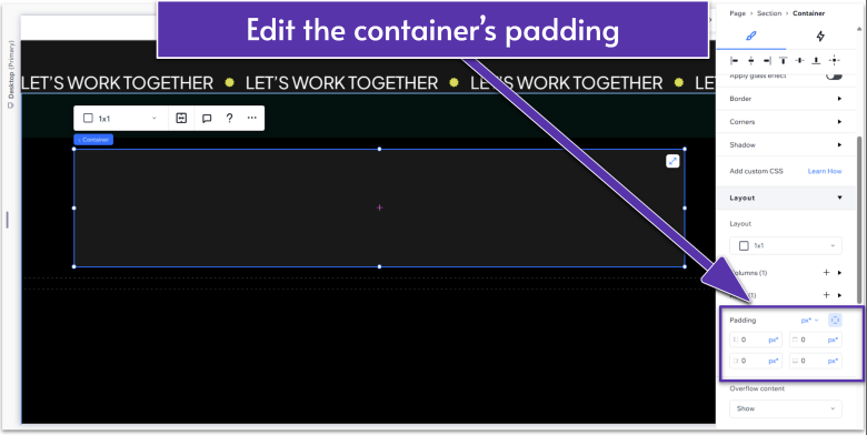 Wix Guide Portfolio Site Module 2, changing a container's inner padding