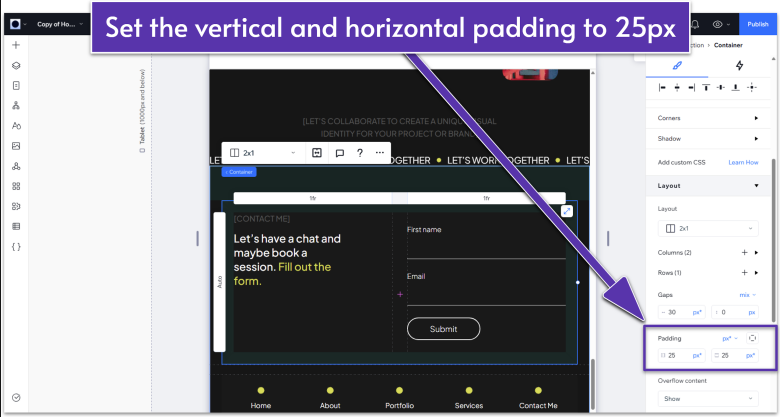 Wix Guide Portfolio Site Module 2, changing the contact form's padding