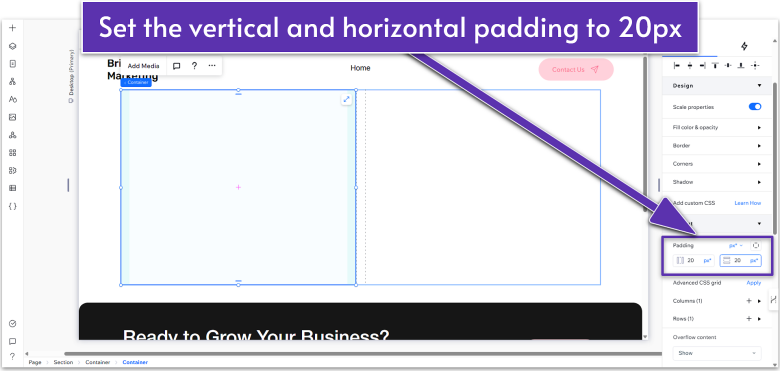 Wix Guide Agency Site Module 4, changing the vertical and horizontal padding