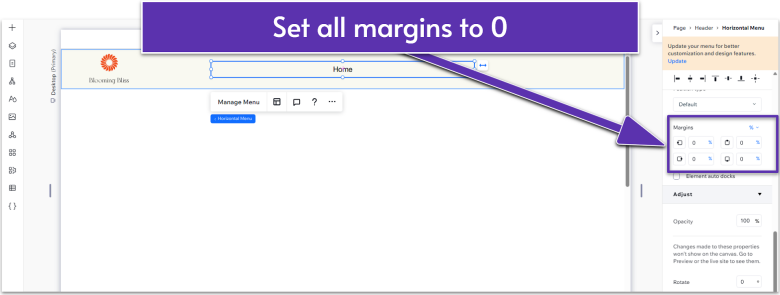 Wix Guide Local Business Module 2, removing menu margins